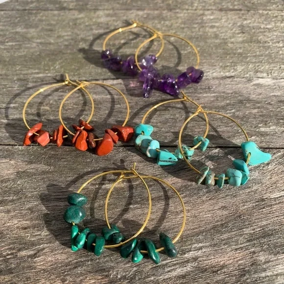 Malachite Gemstone Hoop Earrings - Picture 7 of 7